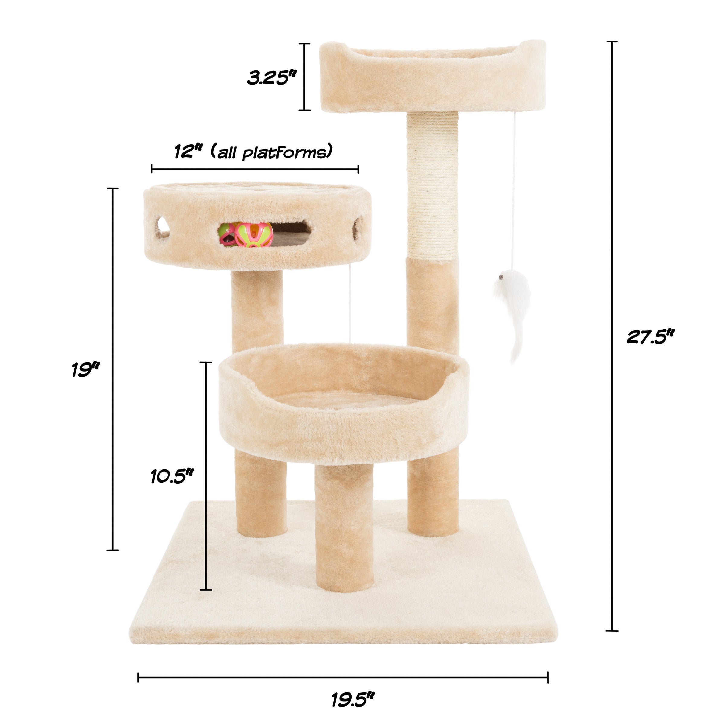 Petmaker Cat Tree with Hanging Toys and Scratching Post 3 Tier 27.5