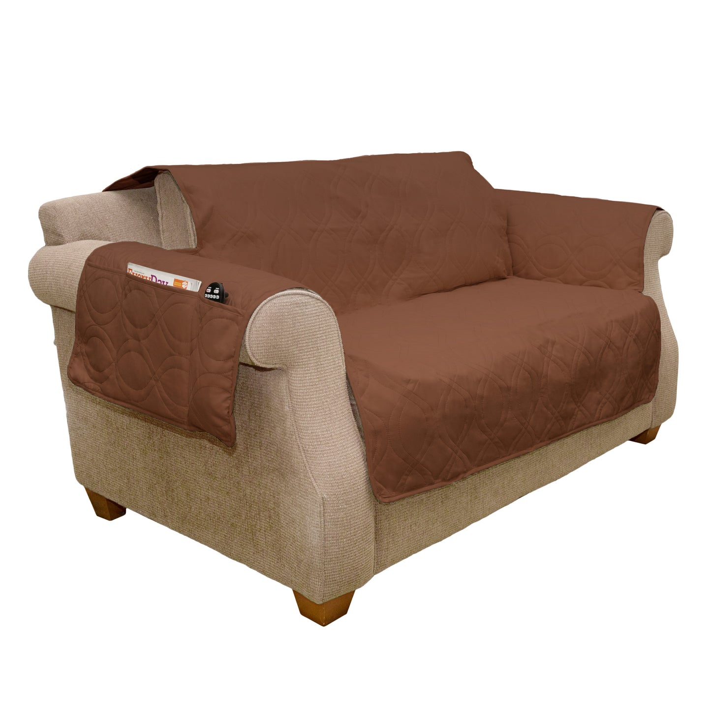 100% Cotton Non-Slip Couch Cover & Furniture Protector - Brown - Washable 2-Seater Slipcover Coverage for Sofas, Sectionals, Settees
