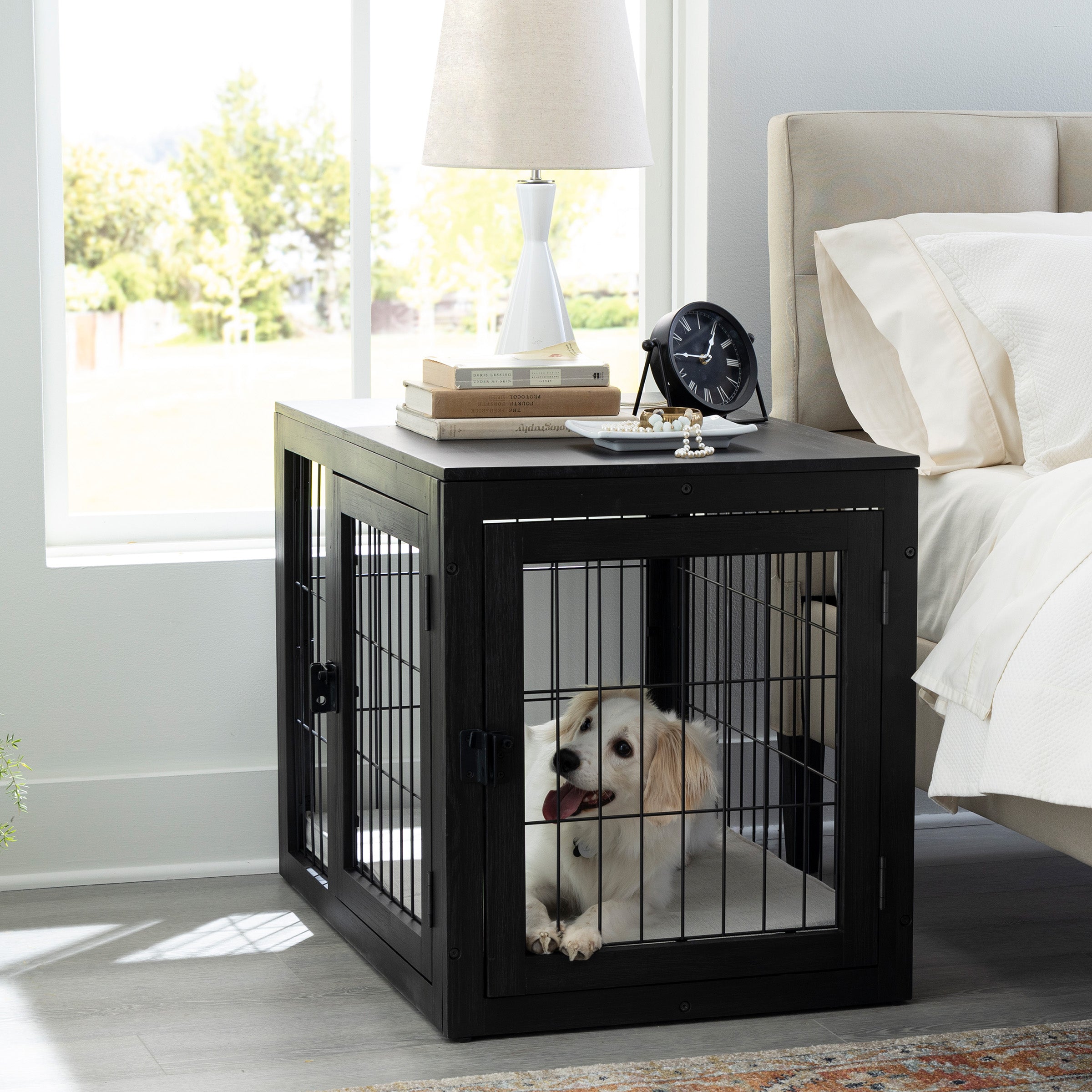 Bed with dog outlet kennel underneath