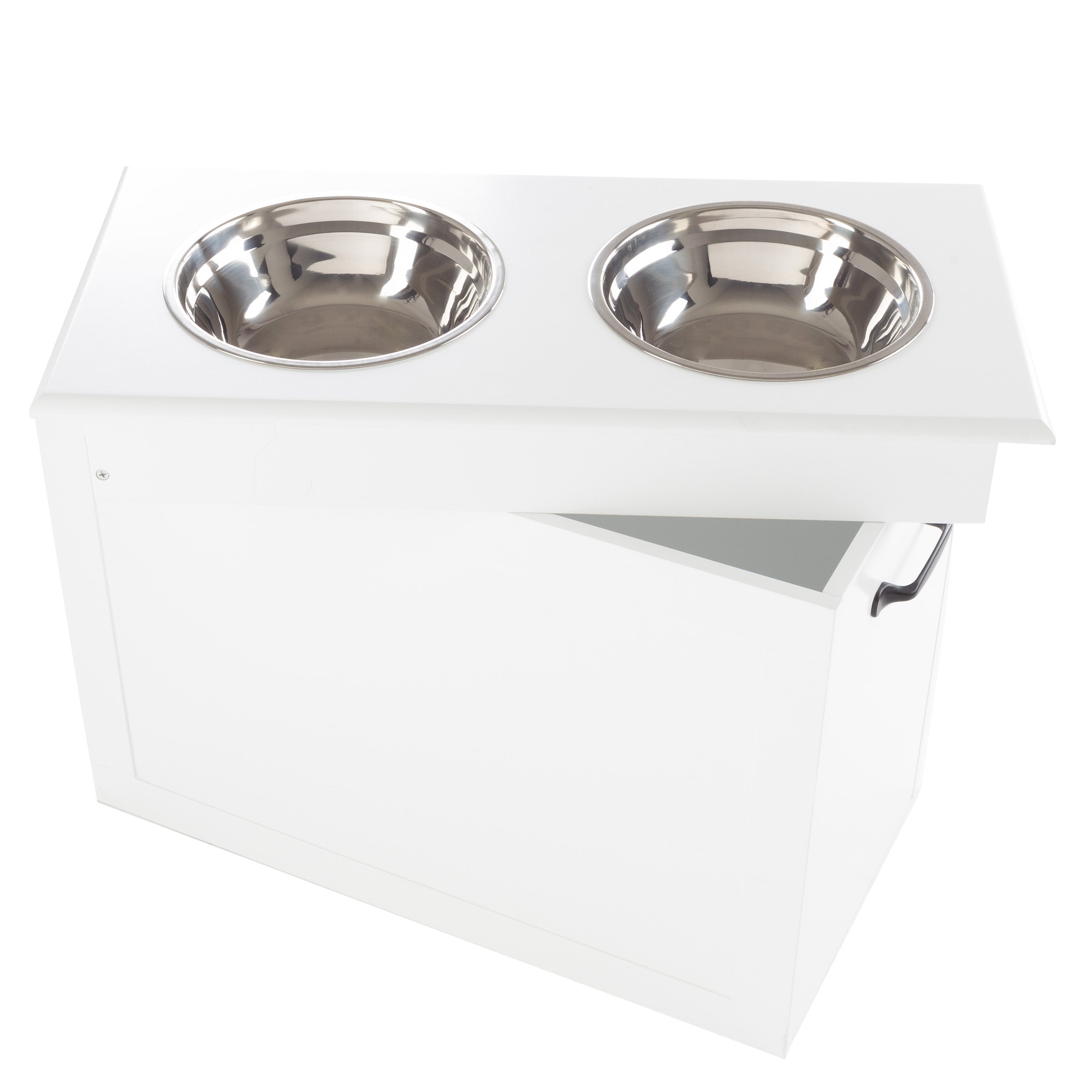 Elevated pet feeder outlet with storage